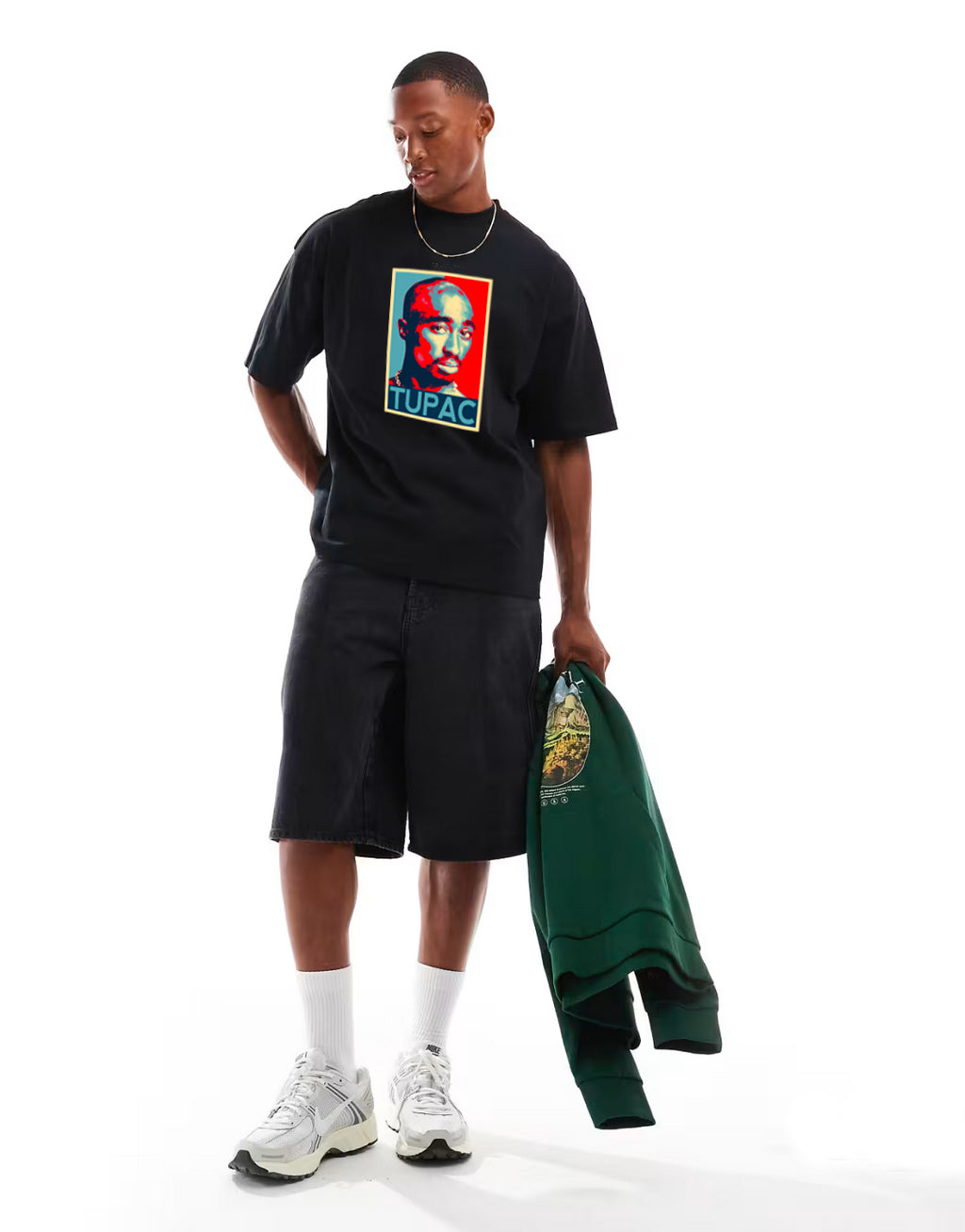 T-Shirt Oversize Nera con Stampa Di Tupac