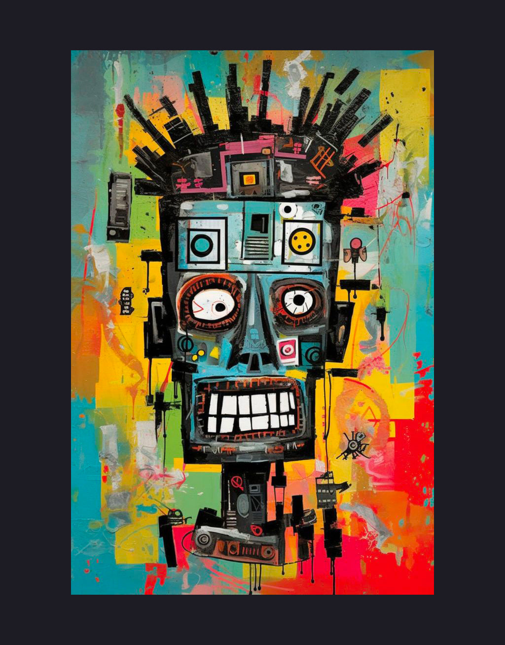 Unisex Black T-Shirt with Colorful Cybernetic Elegance Robot Portrait Art.